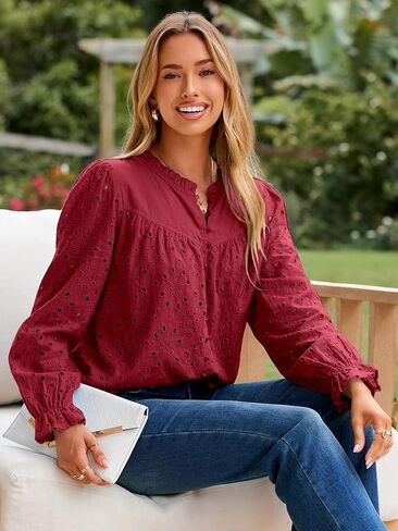 Womens Casual Tops Blouse 2025 Eyelet Embroidered Puff Long Sleeve Fall Top Dressy Lace Button Shirts in Saudi Arabia