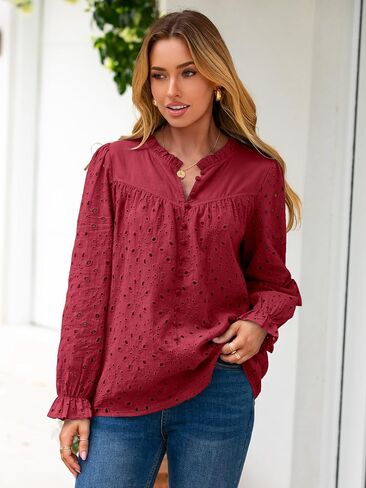 Womens Casual Tops Blouse 2025 Eyelet Embroidered Puff Long Sleeve Fall Top Dressy Lace Button Shirts in Saudi Arabia