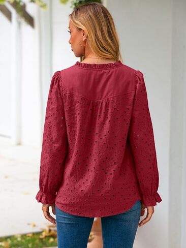 Womens Casual Tops Blouse 2025 Eyelet Embroidered Puff Long Sleeve Fall Top Dressy Lace Button Shirts in Saudi Arabia