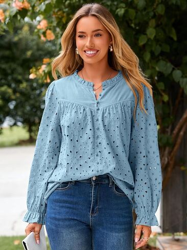 Womens Casual Tops Blouse 2025 Eyelet Embroidered Puff Long Sleeve Fall Top Dressy Lace Button Shirts in Saudi Arabia