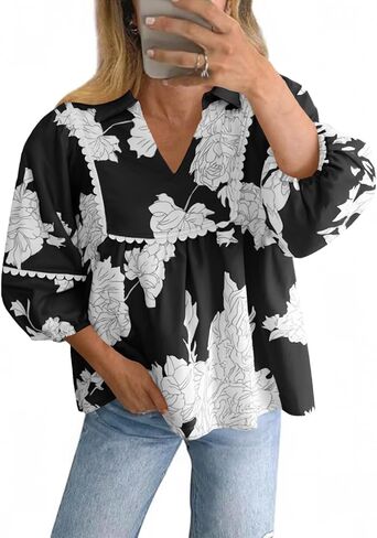 Tankaneo Womens Floral Peplum Babydoll Tops 3/4 Puff Sleeve Pleated Blouse Cute Casual V Neck Loose Fit Flowy Boho Shirts in Saudi Arabia