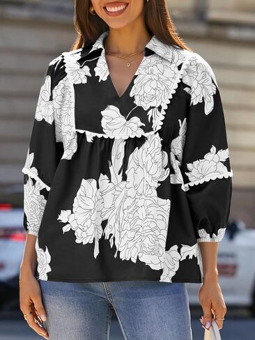 Tankaneo Womens Floral Peplum Babydoll Tops 3/4 Puff Sleeve Pleated Blouse Cute Casual V Neck Loose Fit Flowy Boho Shirts in Saudi Arabia