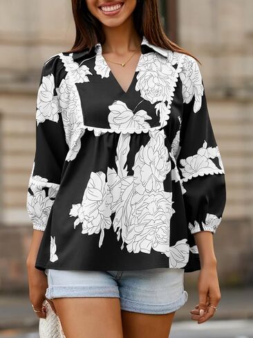 Tankaneo Womens Floral Peplum Babydoll Tops 3/4 Puff Sleeve Pleated Blouse Cute Casual V Neck Loose Fit Flowy Boho Shirts in Saudi Arabia