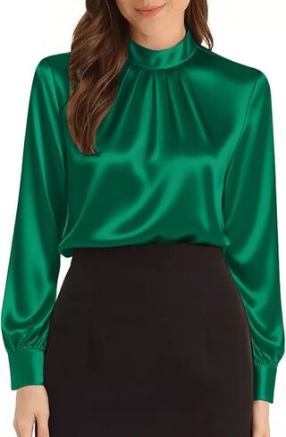 Neweeek Womens Long Sleeve Dock Neck Blouses ساتان الحرير قمصان مطوية أنيقة لأعمال مكتب الأعمال التجارية in Kuwait