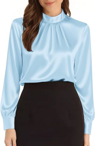 Neweek Womens Long Sleeve Mock Neck Blouses Satin Silk Elegant Pleated Shirts Tops for Business Office Work in Kuwait
