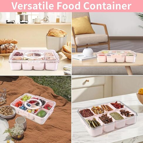 صينية تقديم مقسمة من يورووتشي مع مقبض - غطاء وصندوق للوجبات الخفيفة قابل للإزالة، 8 أقسام، حاوية فواكه لتخزين الطعام، منظم للوجبات الخفيفة، طبق الثلاجة، حامل فحم للسفر، سلطة حفلات الحلوى in Kuwait