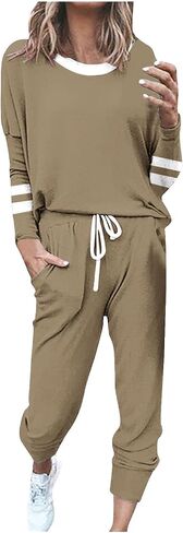 Womens 2 Piece Outfits Casual Color Block Lounge Set Crewneck Long Sleeve Tops and Pants Tracksuit for Airport Travel in Saudi Arabia