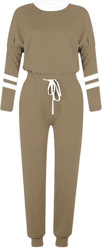 Womens 2 Piece Outfits Casual Color Block Lounge Set Crewneck Long Sleeve Tops and Pants Tracksuit for Airport Travel in Saudi Arabia