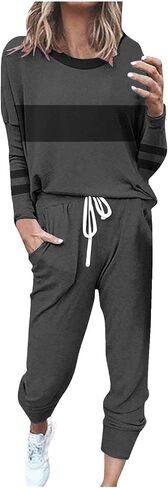 Womens 2 Piece Outfits Casual Color Block Lounge Set Crewneck Long Sleeve Tops and Pants Tracksuit for Airport Travel in Saudi Arabia