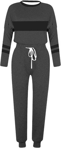 Womens 2 Piece Outfits Casual Color Block Lounge Set Crewneck Long Sleeve Tops and Pants Tracksuit for Airport Travel in Saudi Arabia