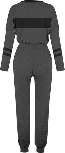 Womens 2 Piece Outfits Casual Color Block Lounge Set Crewneck Long Sleeve Tops and Pants Tracksuit for Airport Travel in Saudi Arabia