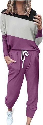 Womens 2 Piece Outfits Casual Color Block Lounge Set Crewneck Long Sleeve Tops and Pants Tracksuit for Airport Travel in Saudi Arabia