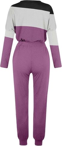 Womens 2 Piece Outfits Casual Color Block Lounge Set Crewneck Long Sleeve Tops and Pants Tracksuit for Airport Travel in Saudi Arabia