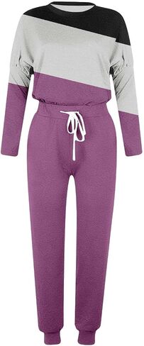 Womens 2 Piece Outfits Casual Color Block Lounge Set Crewneck Long Sleeve Tops and Pants Tracksuit for Airport Travel in Saudi Arabia