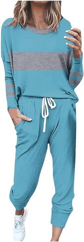 Womens 2 Piece Outfits Casual Color Block Lounge Set Crewneck Long Sleeve Tops and Pants Tracksuit for Airport Travel in Saudi Arabia