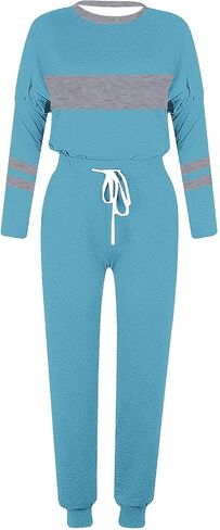 Womens 2 Piece Outfits Casual Color Block Lounge Set Crewneck Long Sleeve Tops and Pants Tracksuit for Airport Travel in Saudi Arabia