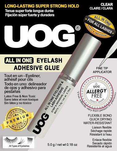 غراء لاصق للرموش من UOG - ثبات قوي للغاية لمدة تصل إلى 5 أيام. مقاوم للماء، لا يسبب الحساسية، عديم الرائحة. غراء تطويل الرموش الصناعية بالفرشاة، تركيبة الكل في واحد. (أسود) in Kuwait