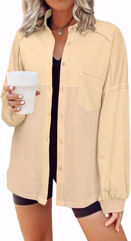 SHEWIN Womens Waffle Knit Shacket Fall Fashion Button Down Shirt Jacket Loose Fit Long Sleeve Tops in Saudi Arabia