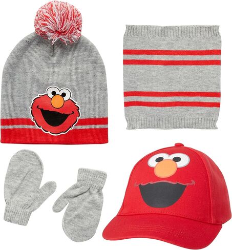 Sesame Street Boys 'Elmo Elmo Set-4 قطعة قبعة قبعة قبعة شتوية ، وشاح من العنق ، القفاز ، وغطاء البيسبول (2T-4T) ، الحجم 2T-4T ، الرمادي/الأحمر Elmo in Saudi Arabia