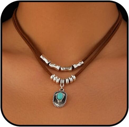 Turquoise Beaded Necklace for Women Layered Turquoise Choker Necklace Gold and Turquoise Necklace Turquoise Pendant Collar Necklace Handmade Western Boho Simulated Turquoise Jewelry in Kuwait