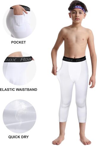 Roadbox Boys 3/4 Compression Leggings Pants, Youth Sports Capri Running Tights Kids Basketball Base Layer with Pockets in Saudi Arabia