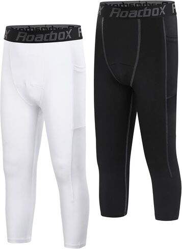 Roadbox Boys 3/4 Compression Leggings Pants, Youth Sports Capri Running Tights Kids Basketball Base Layer with Pockets in Saudi Arabia