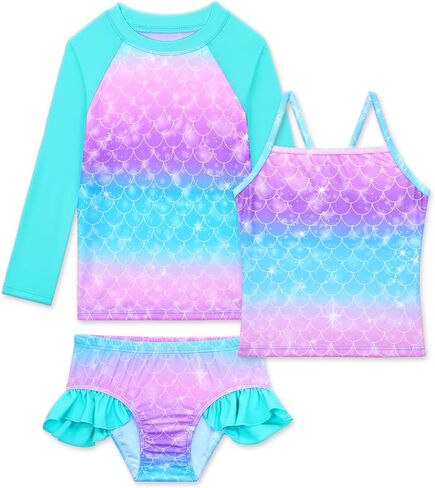 Girls Rash Guard Swimsuit 3 Pieces Set UPF50+ Quick Dry Long Sleeve Kids Bathing Suit in Saudi Arabia