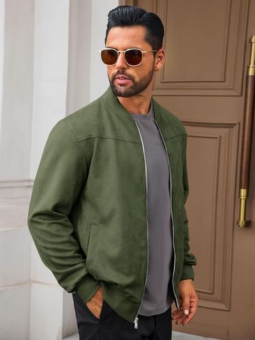Runcati Mens Suede Bomber Jackets Full Zip Casual Softshell Varsity Jacket Lightweight Vintage Fall Coat with Pockets in Saudi Arabia