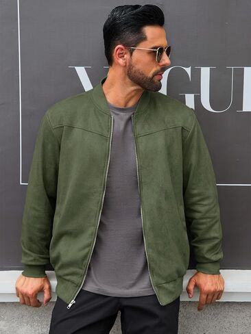 Runcati Mens Suede Bomber Jackets Full Zip Casual Softshell Varsity Jacket Lightweight Vintage Fall Coat with Pockets in Saudi Arabia