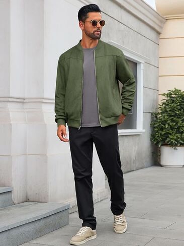 Runcati Mens Suede Bomber Jackets Full Zip Casual Softshell Varsity Jacket Lightweight Vintage Fall Coat with Pockets in Saudi Arabia