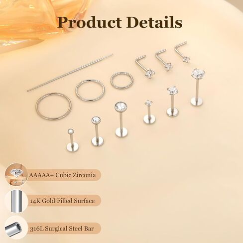 Xpircn 20G 18G Nose Rings Studs for Women Men Flat Back Nose Studs Nose Ring Hoops Hypoallergenic Surgical Steel Threadless Push in CZ Helix Tragus Conch Nostril Cartilage Piercing Jewelry in Saudi Arabia