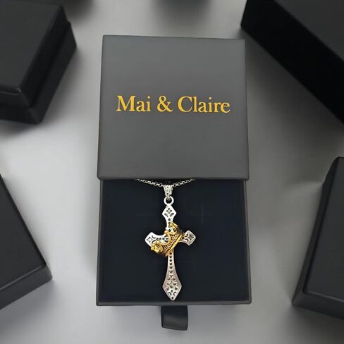 Mai & Claire 925 Sterling Silver Crown Crown Necklace for Women and Men - Retro Crucifix of Thorns ، chain Jesus Christ Cross chain with diadem in Saudi Arabia