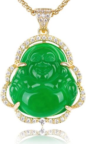Asgift يضحك Buddha Netclace Cubic Zirconia Green Jade Buddha مع قلادة 18K مطلي بالذهب مطلي بالذهب هدية مجوهرات قلادة محظوظة in Kuwait