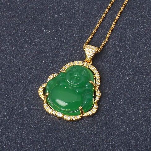 Asgift يضحك Buddha Netclace Cubic Zirconia Green Jade Buddha مع قلادة 18K مطلي بالذهب مطلي بالذهب هدية مجوهرات قلادة محظوظة in Kuwait