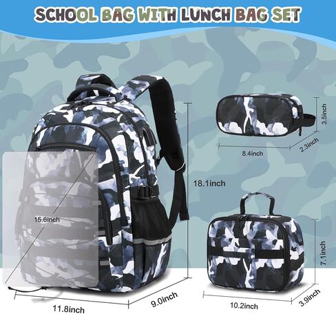 حقيبة ظهر كامو للأولاد ، أولاد الظهر تكتيكي الأطفال ، وأكياس المدارس للأطفال المراهقين المراهقين الأطفال الابتدائية في المدرسة الثانوية ، وحقيبة الكتب العسكرية وحالة قلم رصاص الغداء مع ميناء شحن USB in Kuwait