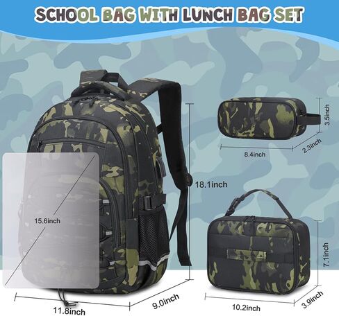 حقيبة ظهر كامو للأولاد ، أولاد الظهر تكتيكي الأطفال ، وأكياس المدارس للأطفال المراهقين المراهقين الأطفال الابتدائية في المدرسة الثانوية ، وحقيبة الكتب العسكرية وحالة قلم رصاص الغداء مع ميناء شحن USB in Kuwait
