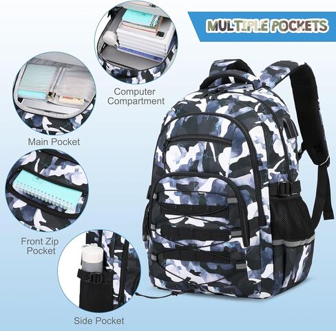 حقيبة ظهر كامو للأولاد ، أولاد الظهر تكتيكي الأطفال ، وأكياس المدارس للأطفال المراهقين المراهقين الأطفال الابتدائية في المدرسة الثانوية ، وحقيبة الكتب العسكرية وحالة قلم رصاص الغداء مع ميناء شحن USB in Kuwait