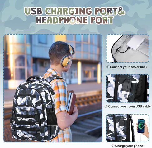 حقيبة ظهر كامو للأولاد ، أولاد الظهر تكتيكي الأطفال ، وأكياس المدارس للأطفال المراهقين المراهقين الأطفال الابتدائية في المدرسة الثانوية ، وحقيبة الكتب العسكرية وحالة قلم رصاص الغداء مع ميناء شحن USB in Kuwait