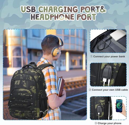 حقيبة ظهر كامو للأولاد ، أولاد الظهر تكتيكي الأطفال ، وأكياس المدارس للأطفال المراهقين المراهقين الأطفال الابتدائية في المدرسة الثانوية ، وحقيبة الكتب العسكرية وحالة قلم رصاص الغداء مع ميناء شحن USB in Kuwait