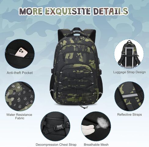 حقيبة ظهر كامو للأولاد ، أولاد الظهر تكتيكي الأطفال ، وأكياس المدارس للأطفال المراهقين المراهقين الأطفال الابتدائية في المدرسة الثانوية ، وحقيبة الكتب العسكرية وحالة قلم رصاص الغداء مع ميناء شحن USB in Kuwait