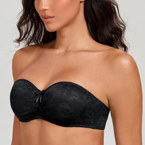 MELENECA Women's No Padding Sheer Lace Bandeau See-Through Minimizer Underwire Strapless Bras in Kuwait