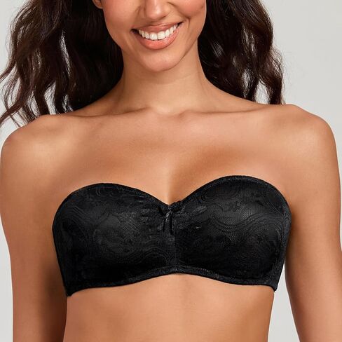 MELENECA Women's No Padding Sheer Lace Bandeau See-Through Minimizer Underwire Strapless Bras in Kuwait
