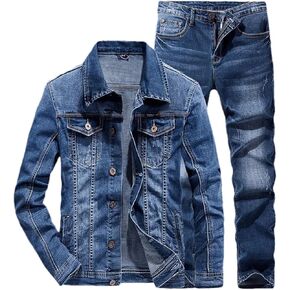 Generic Men's Sets Blue Jean Jackets Suits Multi Pockets Loose Casual Cotton Vintage Street Denim Jacket+Pants For Men in Saudi Arabia