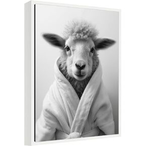 Kate and Laurel Sheep Bathroom Art Towel Robe Black and White Framed Canvas Wall Art by The Creative Bunch Studio 18 x 24 Sylvie White, Whimsical, Animals, Humor Art for Wall Decor, Living Room, in Saudi Arabia