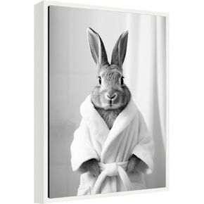 Kate and Laurel Bunny Bathroom Art Towel Robe Black and White Framed Canvas Wall Art by The Creative Bunch Studio 18 x 24 Sylvie White, Whimsical, Animals, Bathroom Art for Wall Decor, Living Room, in Kuwait