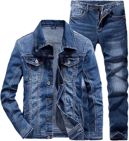 Generic Men's Sets Blue Jean Jackets Suits Multi Pockets Loose Casual Cotton Vintage Street Denim Jacket+Pants For Men in Saudi Arabia