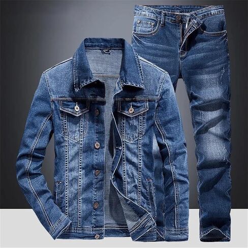 Generic Men's Sets Blue Jean Jackets Suits Multi Pockets Loose Casual Cotton Vintage Street Denim Jacket+Pants For Men in Saudi Arabia