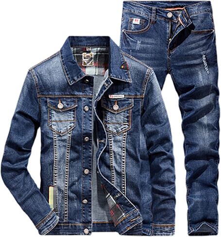 Generic Couple Denim Suit Spring Autumn Fashion Casual Ripped Hole Long Sleeve Denim Jacket + Jeans 2 Piece Set … in Saudi Arabia