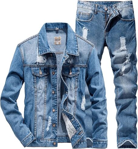 Generic Couple Denim Suit Spring Autumn Fashion Casual Ripped Hole Long Sleeve Denim Jacket + Jeans 2 Piece Set … in Saudi Arabia