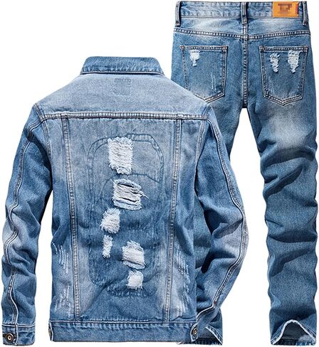 Generic Couple Denim Suit Spring Autumn Fashion Casual Ripped Hole Long Sleeve Denim Jacket + Jeans 2 Piece Set … in Saudi Arabia